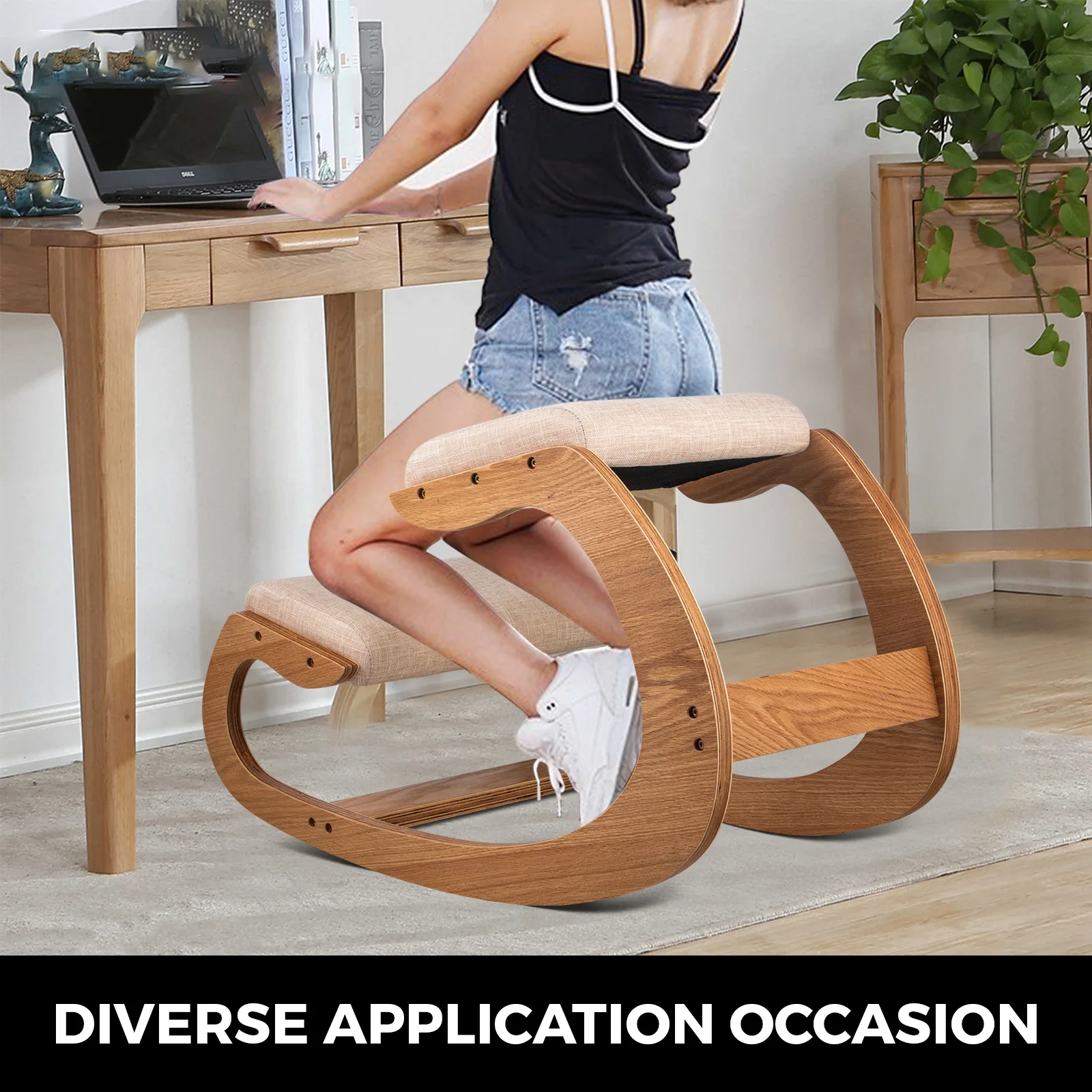 SucceBuy Ergonomic Kneeling Chair Stool W/ Thick Cushion Home Office Chair Improving Body Posture Rocking Wood Computer Chair - Image 2