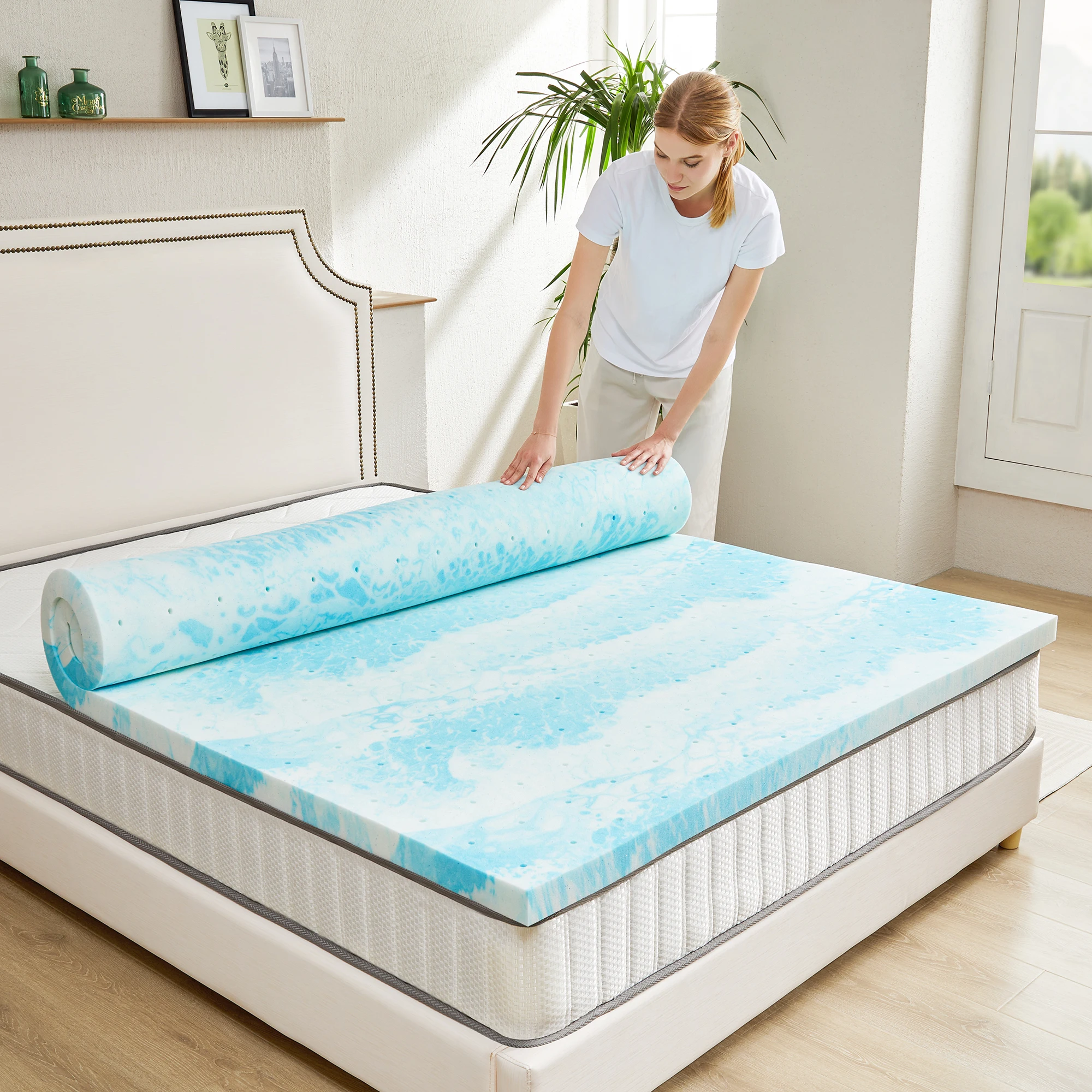 JHK 2 Inch Gel Memory Foam Mattress Topper Full Size Cooling Mattress Soft and Breathable Bed Topper School Bedroom Furniture