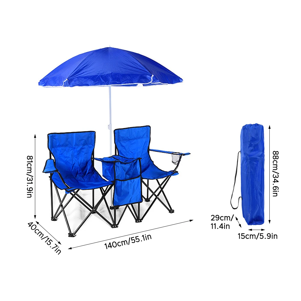 Folding Chair Foldable Portable Camping Outdoor Beach Lawn Chair with Sunshade Ice Bag for Two People - Image 2