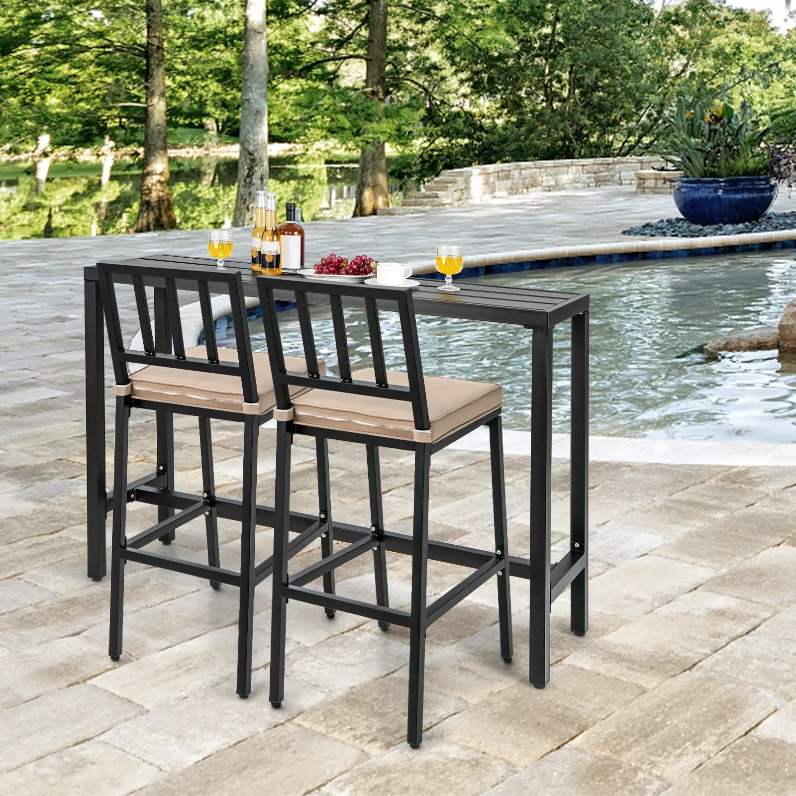 3PCS Outdoor Metal Bar Table & Chairs Set Patio Dining Table Set w/ Cushion