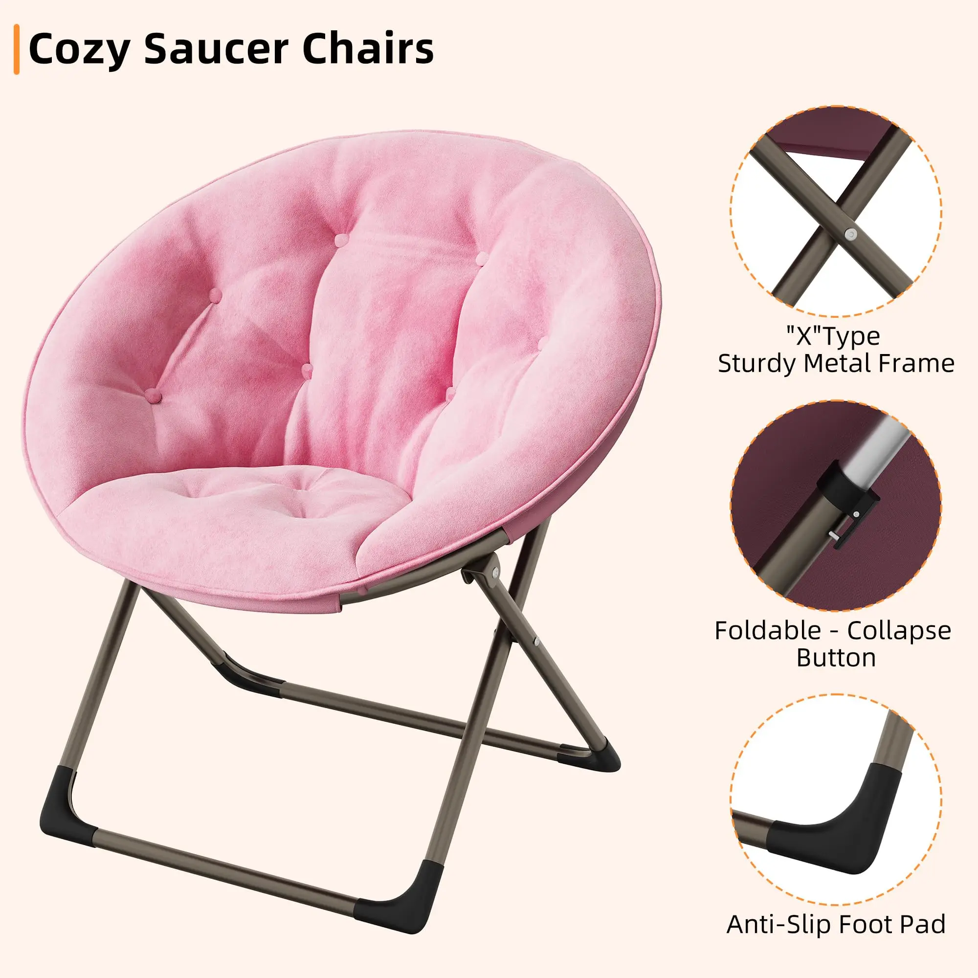 Comfy Oversized Saucer Chair – Soft Plush Fabric Reading Lounger Stable Metal Frame Foldable Accent Lazy Chair - Image 2