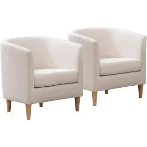 Pair of Comfortable White Accent Barrel Chairs with Armrests for Living Room or Bedroom