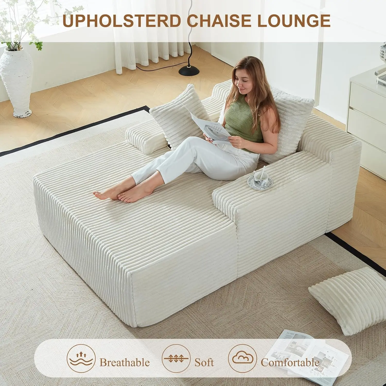 67 Inch Chaise Lounge Chair Indoor Oversized Upholstered Corduroy Sofa Bed Deep Seat Sleeper Couch Customized - Image 4