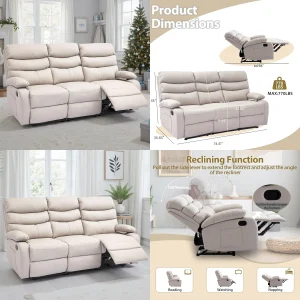3 Seat Manual Reclining Sofa Overstuffed Arms Hidden Storage Living Room RV Home Theater Apartment Beige, Customized