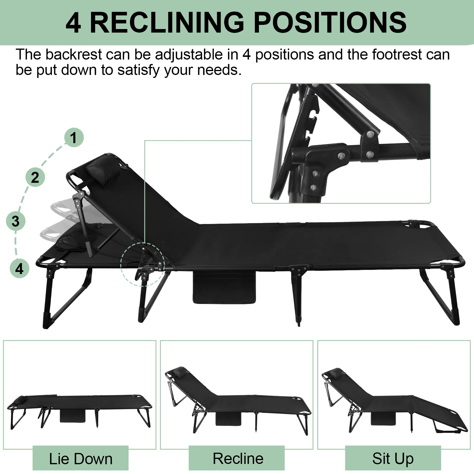 Portable Folding Camping Cot - 3-Position Adjustable Reclining Lounge Chair with Pillow, Outdoor Sleeping Bed (68cm Wide) - Image 2
