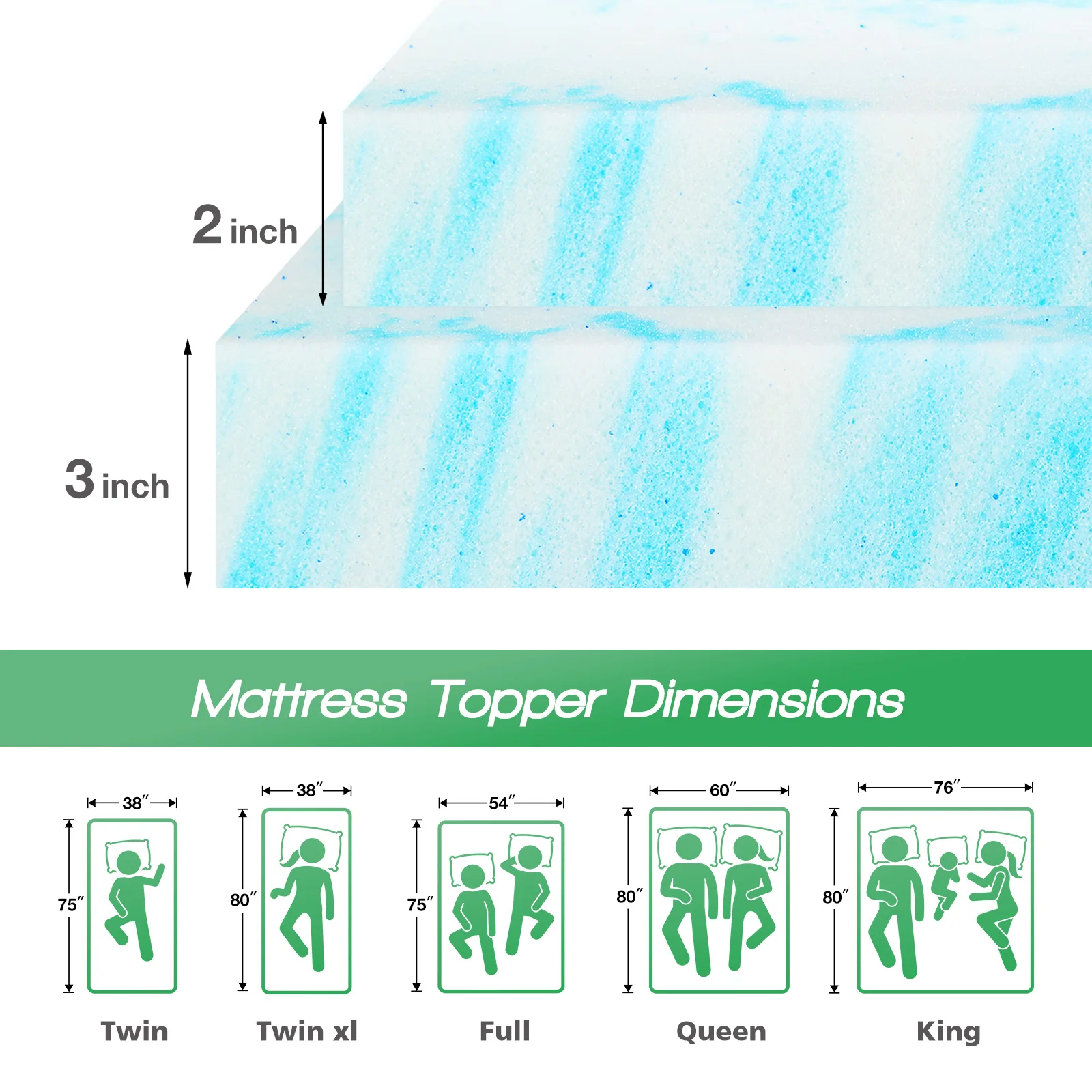 JHK 2 Inch Gel Memory Foam Mattress Topper Full Size Cooling Mattress Soft and Breathable Bed Topper School Bedroom Furniture - Image 6