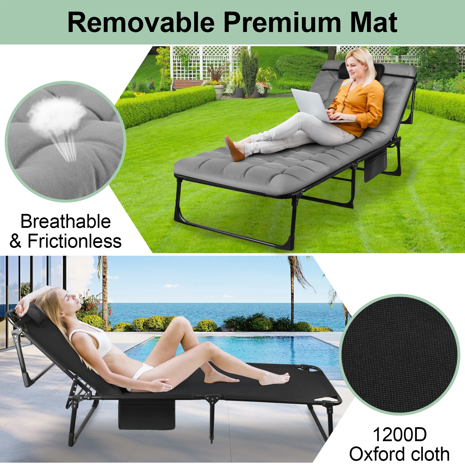 Portable Folding Camping Cot - 3-Position Adjustable Reclining Lounge Chair with Pillow, Outdoor Sleeping Bed (68cm Wide) - Image 5