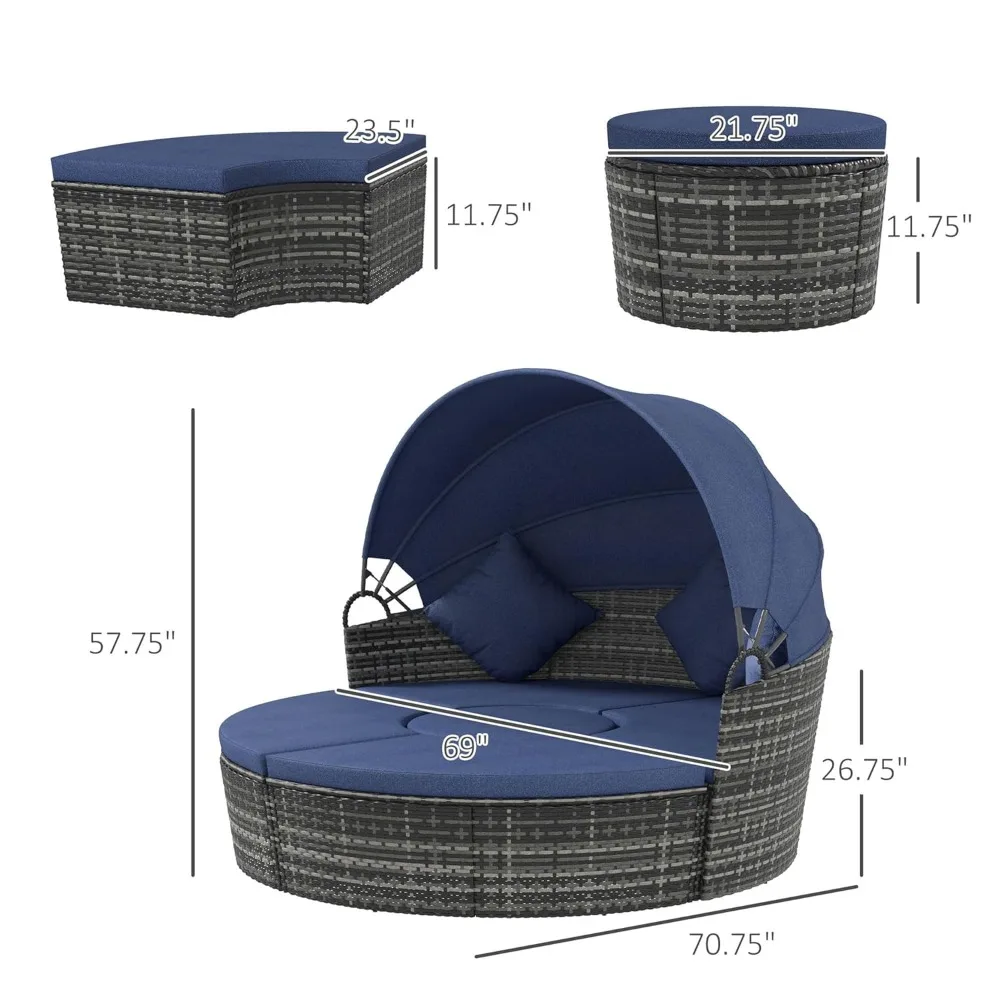 4-Piece Round Convertible Outdoor PE Rattan Patio Daybed Sofa Set with Adjustable Canopy, 2 Chairs, Table, 3 Pillows, Custom - Image 2