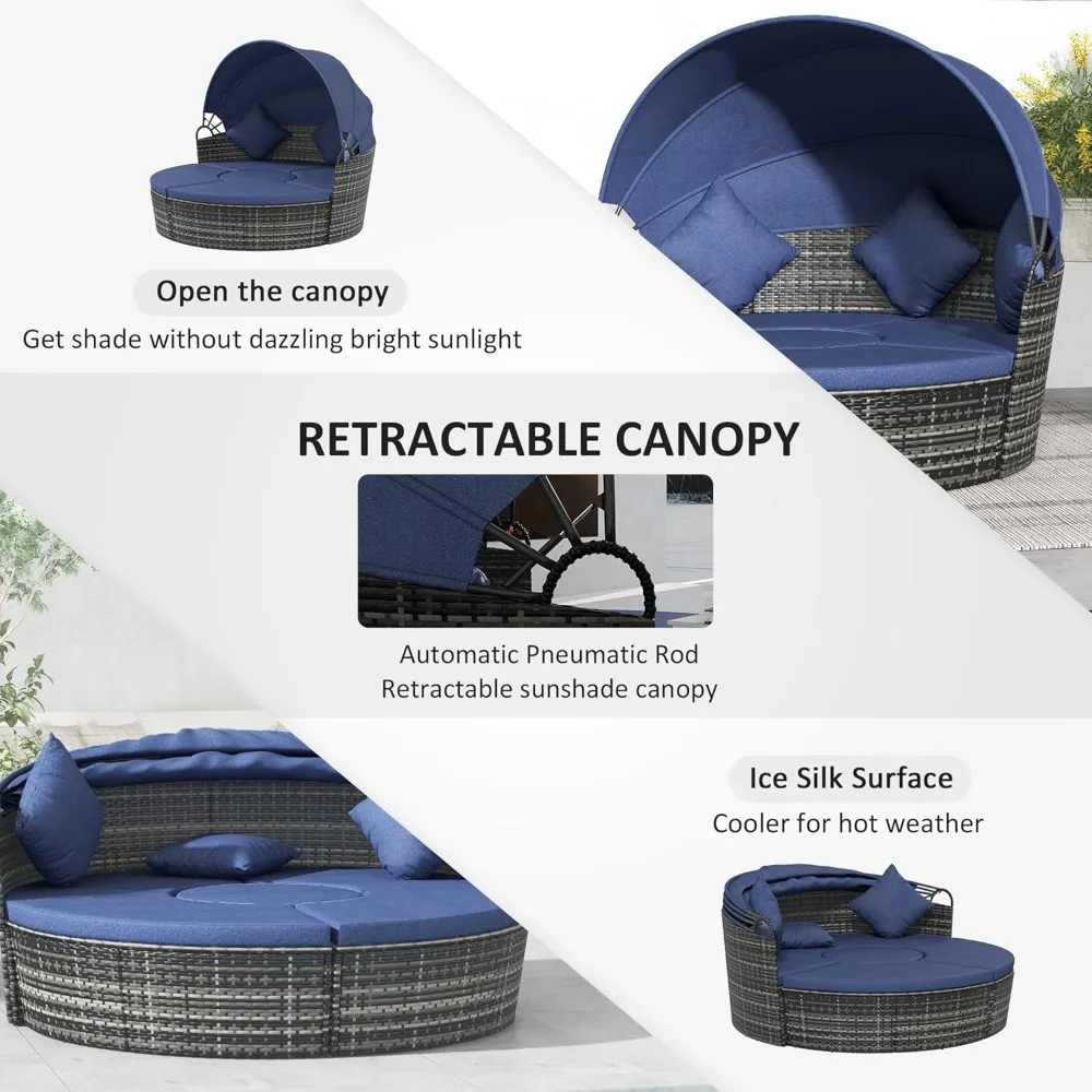 4-Piece Round Convertible Outdoor PE Rattan Patio Daybed Sofa Set with Adjustable Canopy, 2 Chairs, Table, 3 Pillows, Custom - Image 6