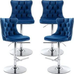 Blue Velvet Bar Stools Set of 4 Adjustable Swivel Navy Counter Height Chairs with Tufted Back and Nailhead Trim for Kitchen Isl