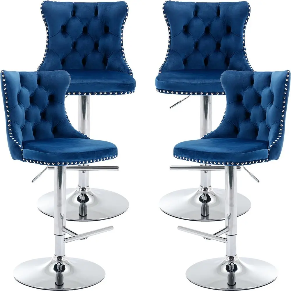 Blue Velvet Bar Stools Set of 4 Adjustable Swivel Navy Counter Height Chairs with Tufted Back and Nailhead Trim for Kitchen Isl