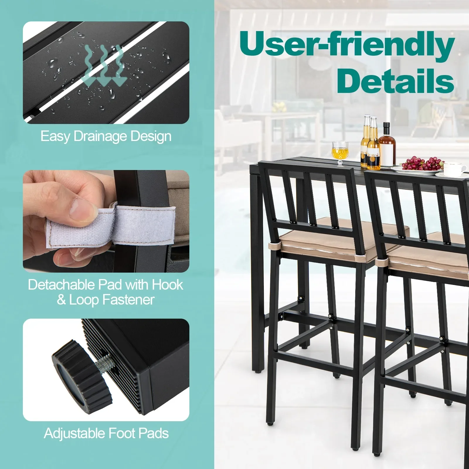 3PCS Outdoor Metal Bar Table & Chairs Set Patio Dining Table Set w/ Cushion - Image 4
