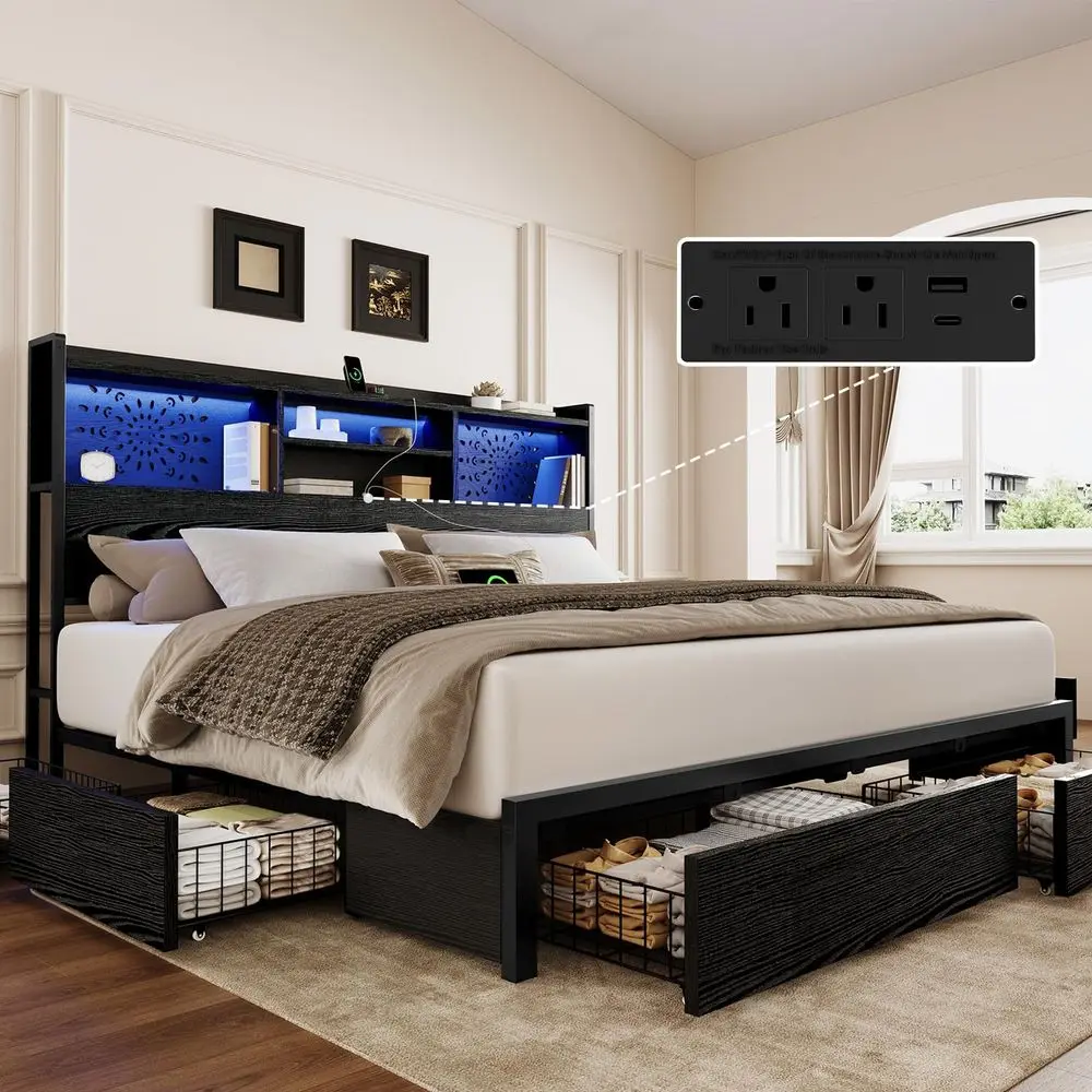 Queen Bed Frame with 6 Storage Drawers and Carving Headboard, Wooden Bed Frame with Charging Station and LED Lights, No Noise a