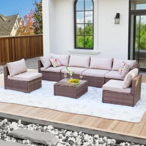 7 Pieces Patio Furniture Set - All-Weather Outdoor Wicker Sectional Conversation Sofa, Rattan Patio Seating Sofa, Customized