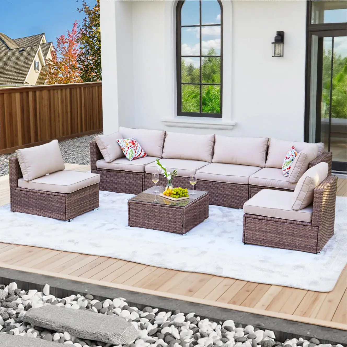 7 Pieces Patio Furniture Set - All-Weather Outdoor Wicker Sectional Conversation Sofa, Rattan Patio Seating Sofa, Customized