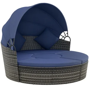 4-Piece Round Convertible Outdoor PE Rattan Patio Daybed Sofa Set with Adjustable Canopy, 2 Chairs, Table, 3 Pillows, Custom