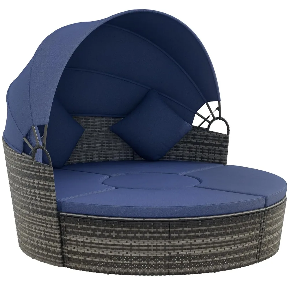 4-Piece Round Convertible Outdoor PE Rattan Patio Daybed Sofa Set with Adjustable Canopy, 2 Chairs, Table, 3 Pillows, Custom