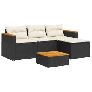 3Piece Black Poly Rattan Patio Sofa Set with Acacia Wood Table Outdoor Lounge Furniture with Cushions Modular Garden Seating fo