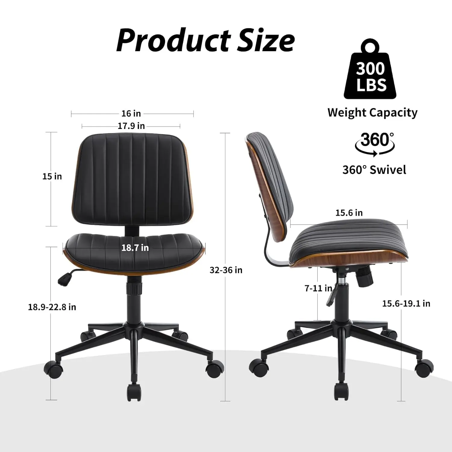 Small Home Office Chair - Armless Mid Back Desk Chair With 360° Swivel And Wheels, PU Upholstered Height Adjustable, Customized - Image 2
