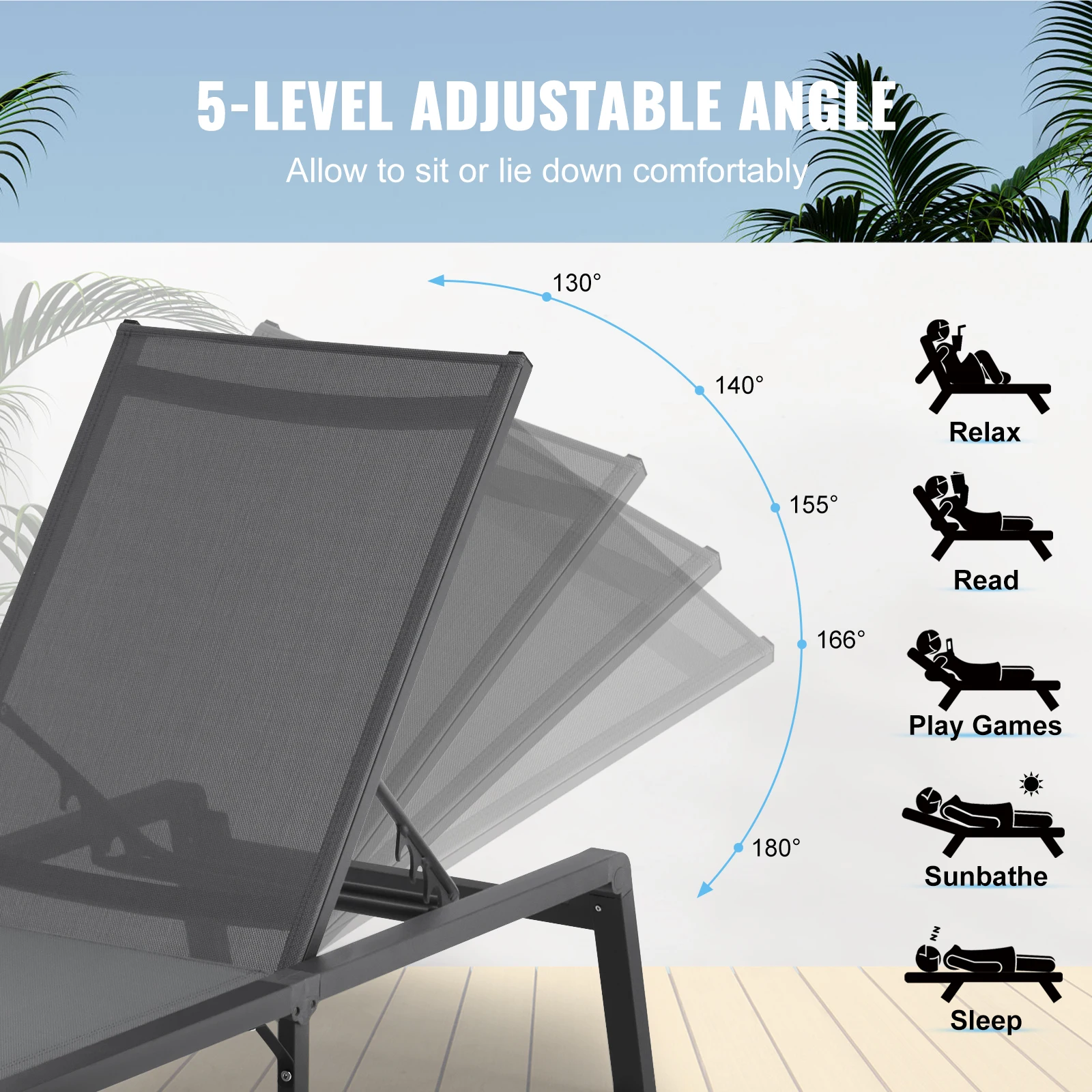 SucceBuy Chaise Lounge Chair Outdoor Aluminum Patio LoungeFolding Pool Lounge Recliner Full Flat for Patio Beach Pool Dark Grey - Image 5