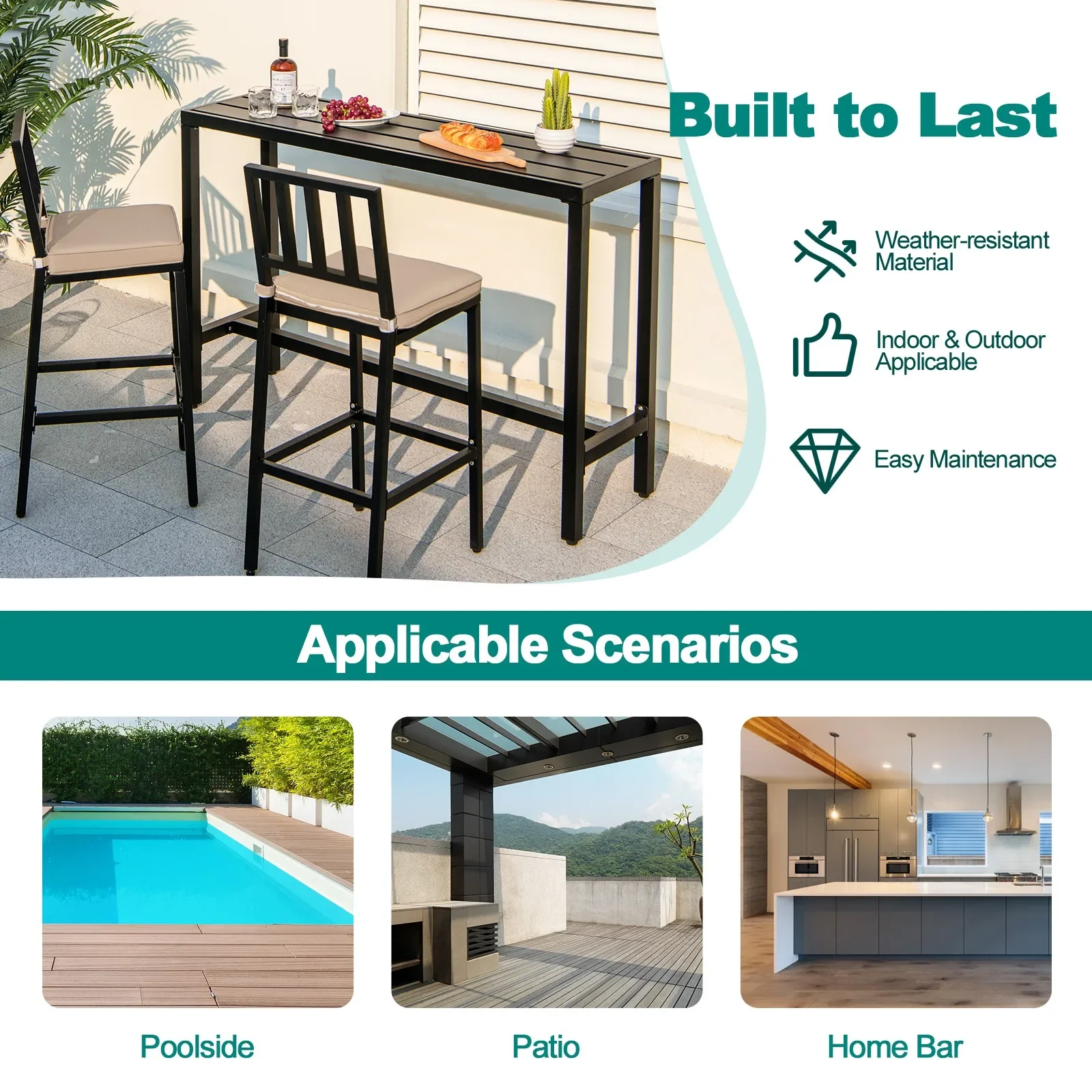 3PCS Outdoor Metal Bar Table & Chairs Set Patio Dining Table Set w/ Cushion - Image 3