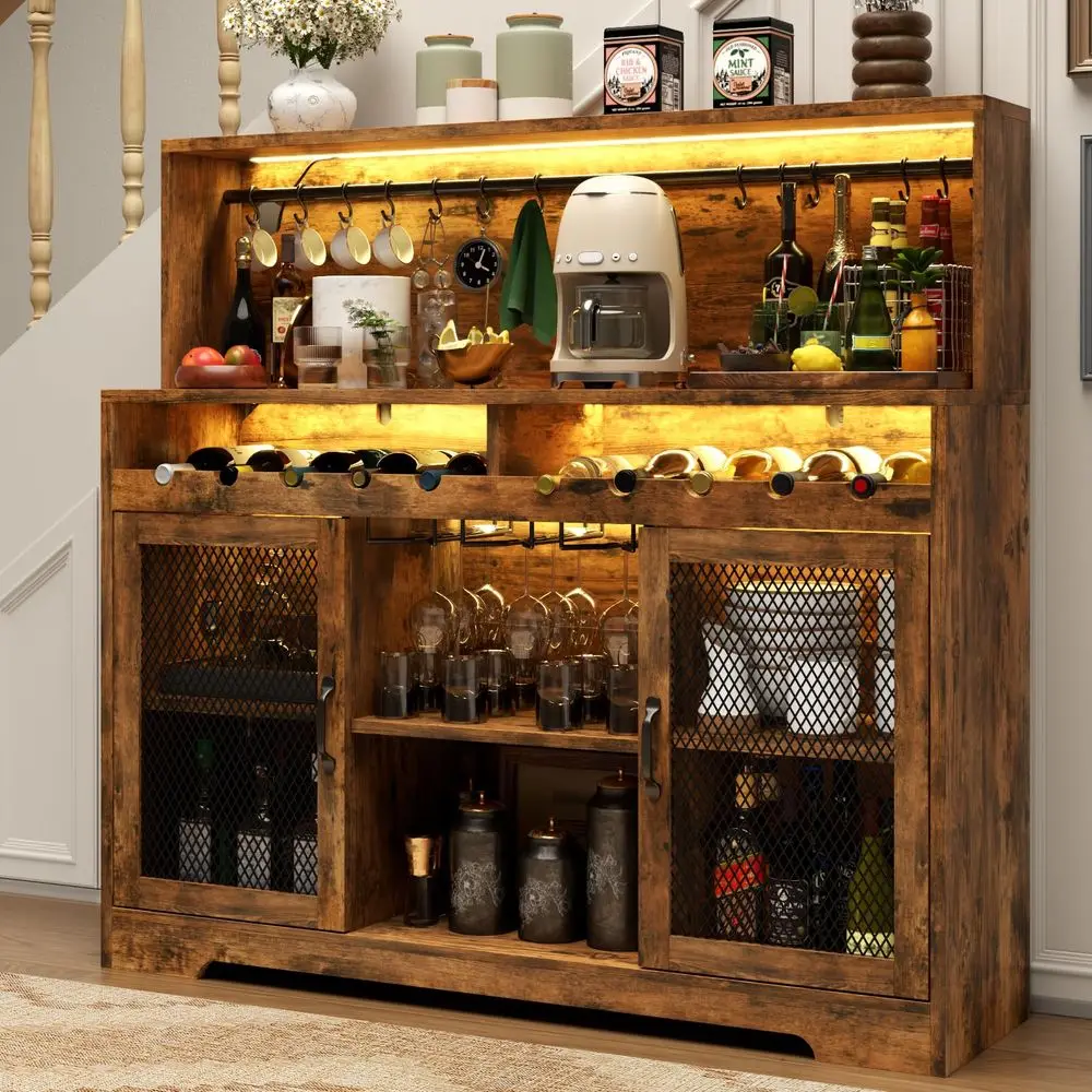 Wine Bar Cabinet with LED Light, Liquor Cabinet with Glass Holder, Coffee Bar for Liquor, Storage Buffet with Wine Racks, Wine