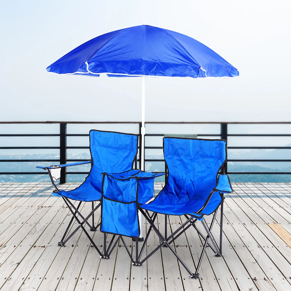 Folding Chair Foldable Portable Camping Outdoor Beach Lawn Chair with Sunshade Ice Bag for Two People - Image 4