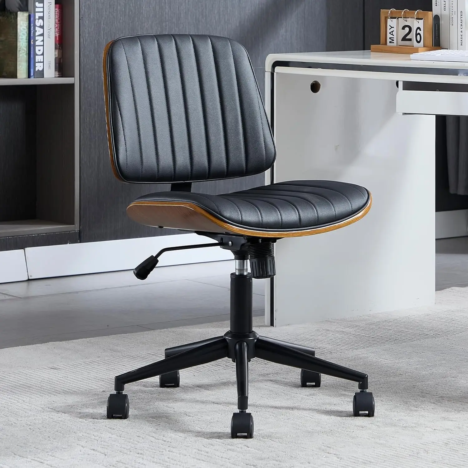 Small Home Office Chair - Armless Mid Back Desk Chair With 360° Swivel And Wheels, PU Upholstered Height Adjustable, Customized