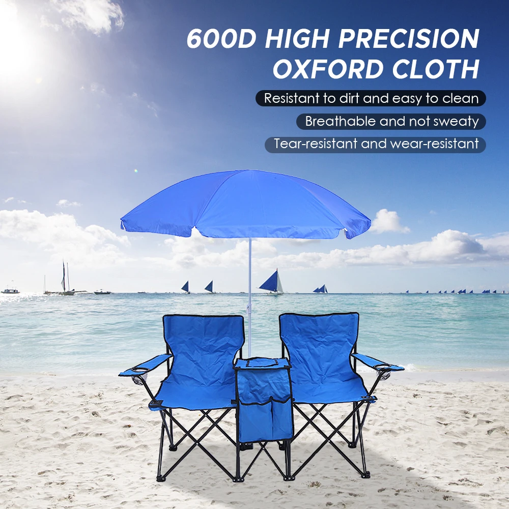Folding Chair Foldable Portable Camping Outdoor Beach Lawn Chair with Sunshade Ice Bag for Two People - Image 3