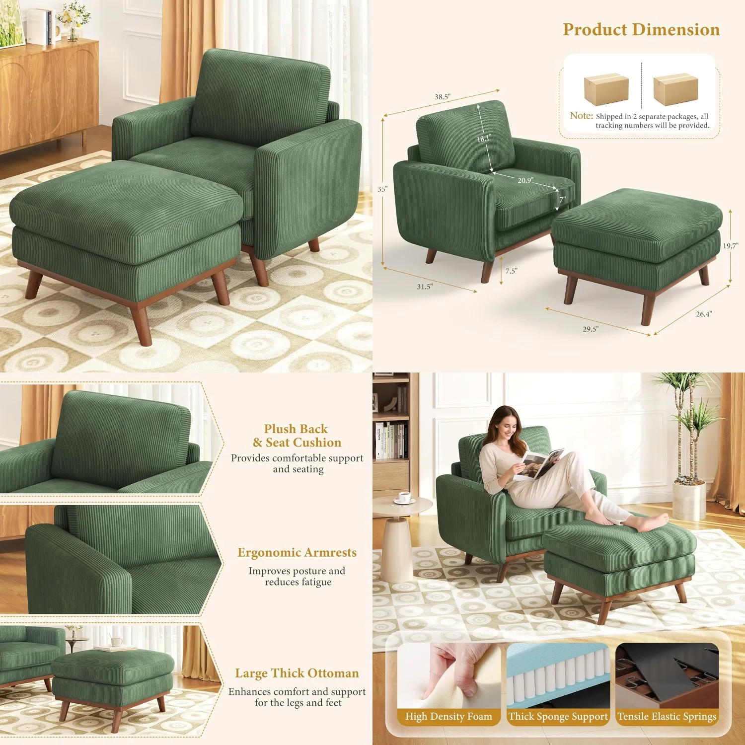 38.5" Corduroy Accent Chair with Ottoman Spring Cushion Comfy Reading Seat for Living Room Bedroom Apartment Green Customized
