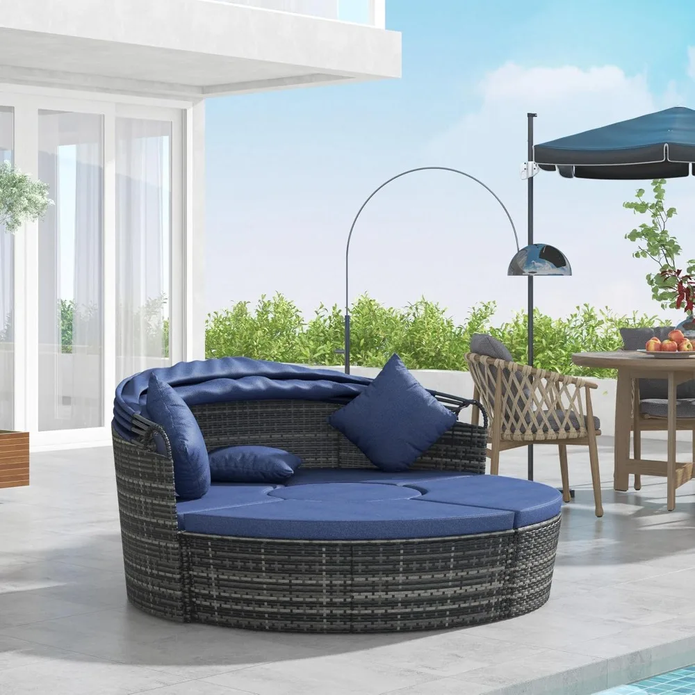4-Piece Round Convertible Outdoor PE Rattan Patio Daybed Sofa Set with Adjustable Canopy, 2 Chairs, Table, 3 Pillows, Custom - Image 3