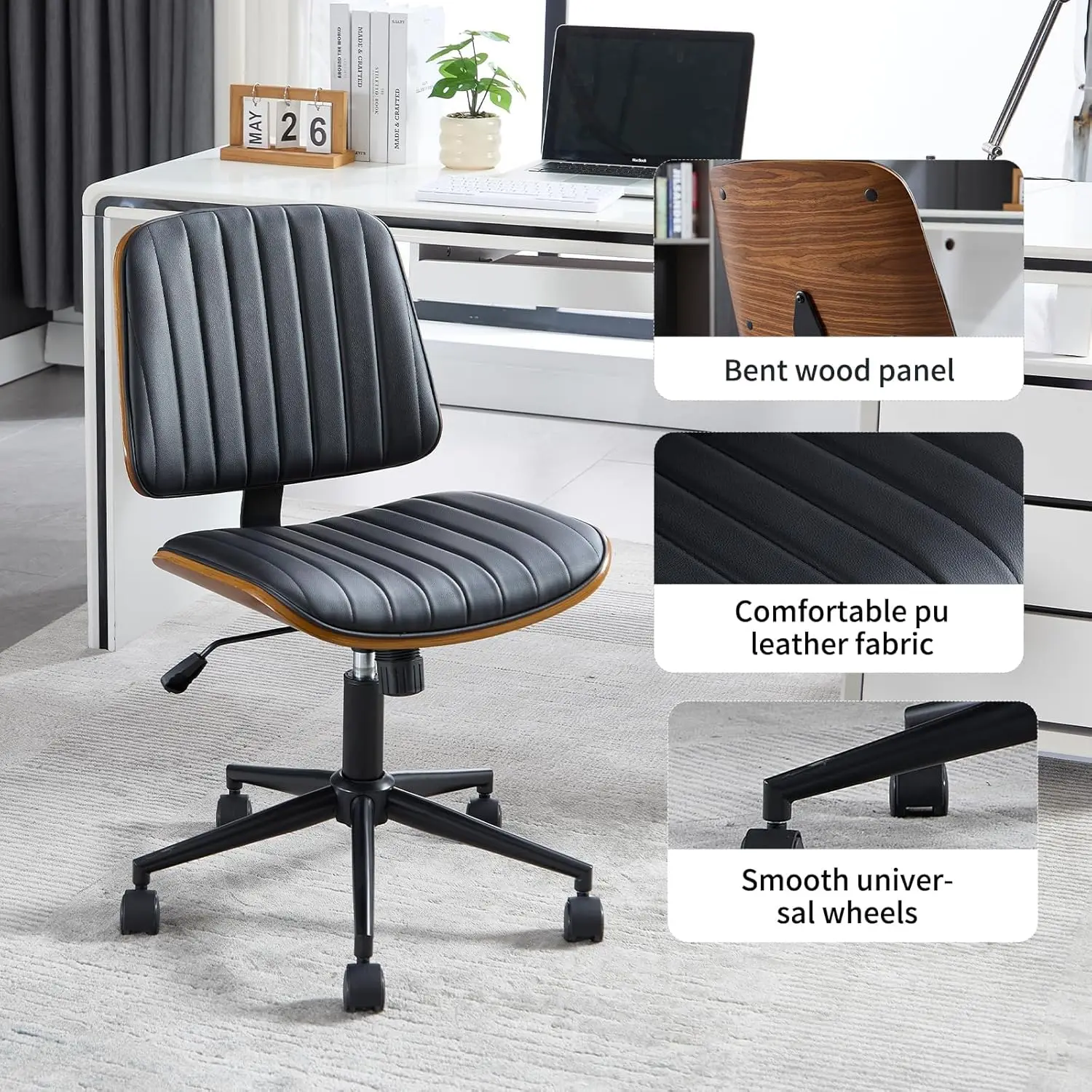 Small Home Office Chair - Armless Mid Back Desk Chair With 360° Swivel And Wheels, PU Upholstered Height Adjustable, Customized - Image 4