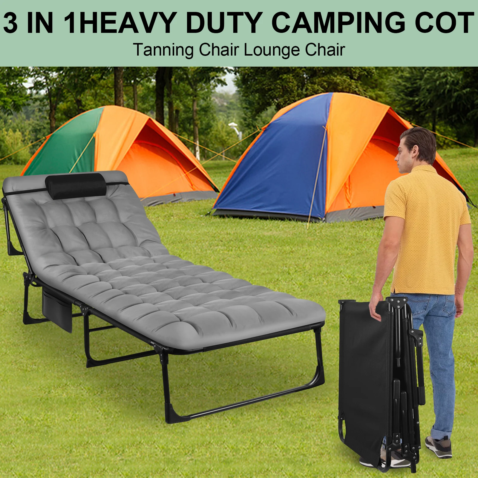 Portable Folding Camping Cot - 3-Position Adjustable Reclining Lounge Chair with Pillow, Outdoor Sleeping Bed (68cm Wide) - Image 6