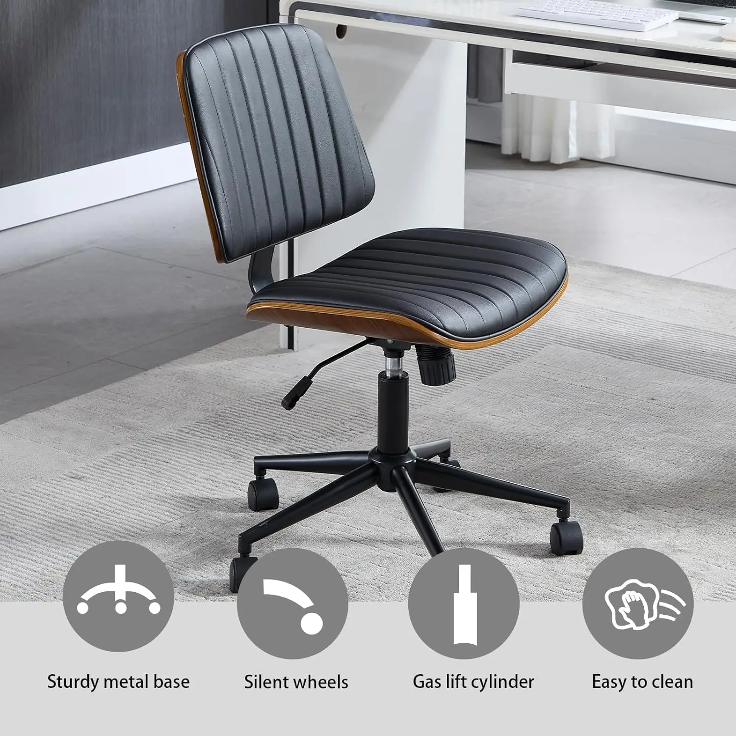 Small Home Office Chair - Armless Mid Back Desk Chair With 360° Swivel And Wheels, PU Upholstered Height Adjustable, Customized - Image 3