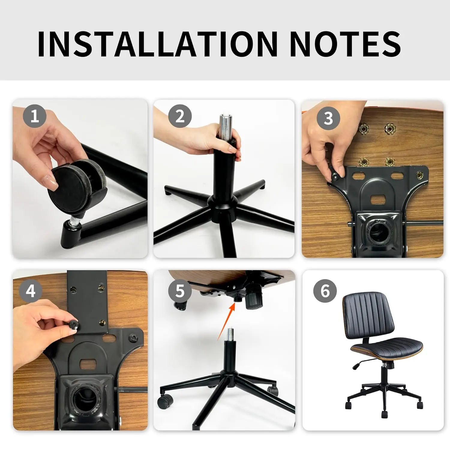 Small Home Office Chair - Armless Mid Back Desk Chair With 360° Swivel And Wheels, PU Upholstered Height Adjustable, Customized - Image 5