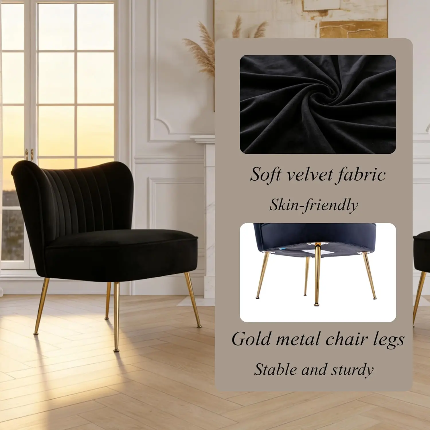 Black Velvet Accent Chair Set of 2 Armless Wingback with Gold Legs for Living Room Bedroom, Customized - Image 6