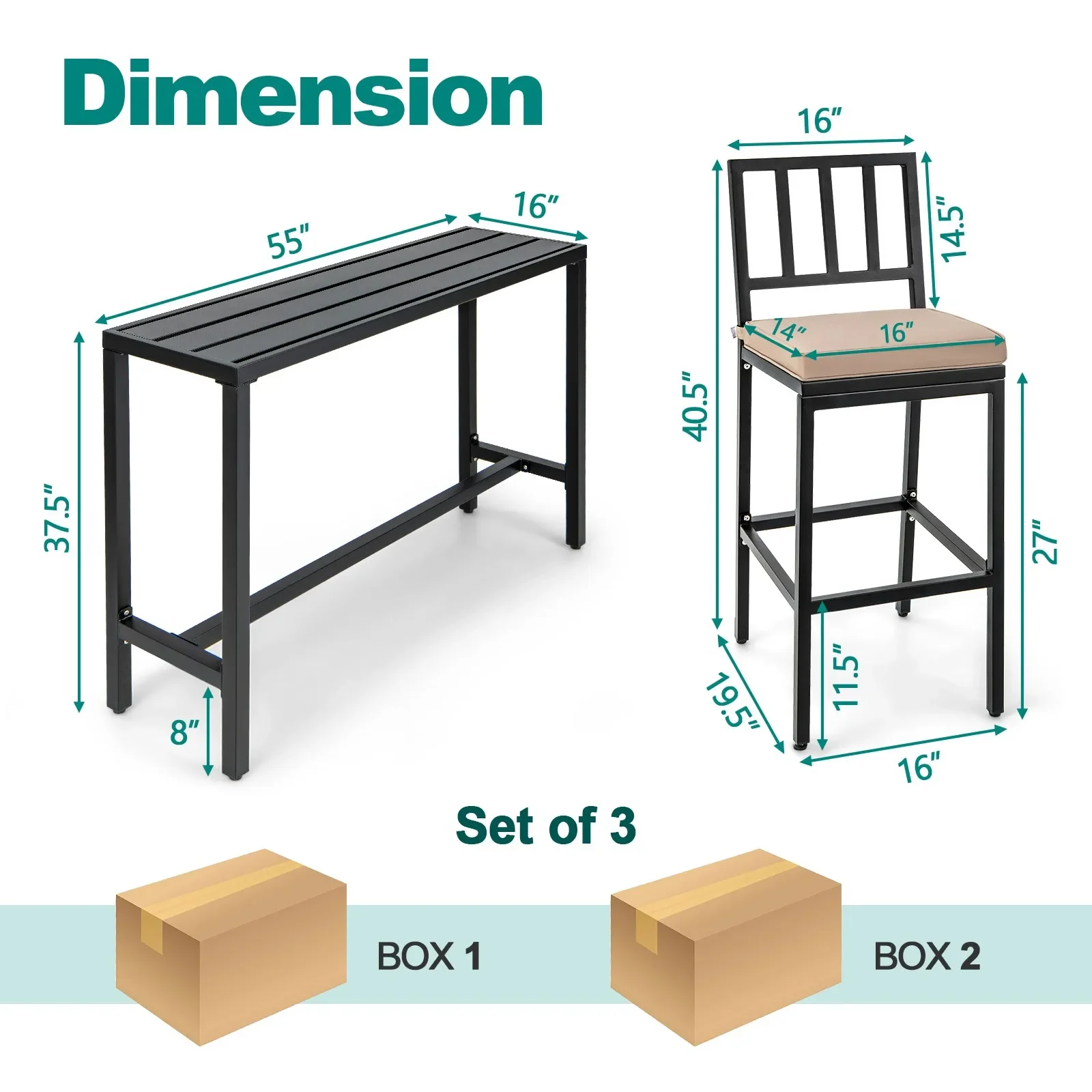 3PCS Outdoor Metal Bar Table & Chairs Set Patio Dining Table Set w/ Cushion - Image 2