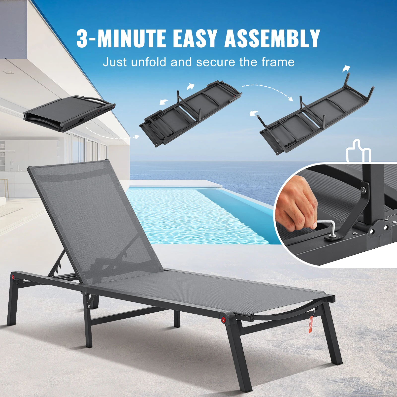 SucceBuy Chaise Lounge Chair Outdoor Aluminum Patio LoungeFolding Pool Lounge Recliner Full Flat for Patio Beach Pool Dark Grey - Image 4