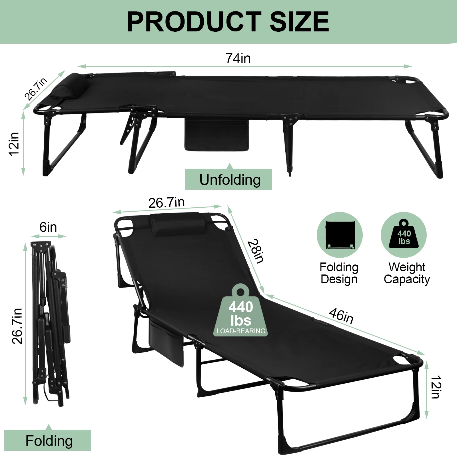 Portable Folding Camping Cot - 3-Position Adjustable Reclining Lounge Chair with Pillow, Outdoor Sleeping Bed (68cm Wide) - Image 3