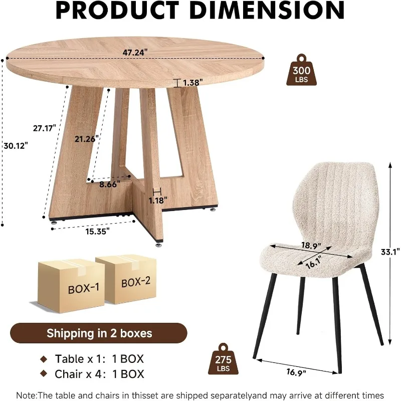 47" Round Dining Table Set for 4 with Chairs Kitchen Table and Chairs Set Mid-Century Modern Chair with Metal Leg - Image 2