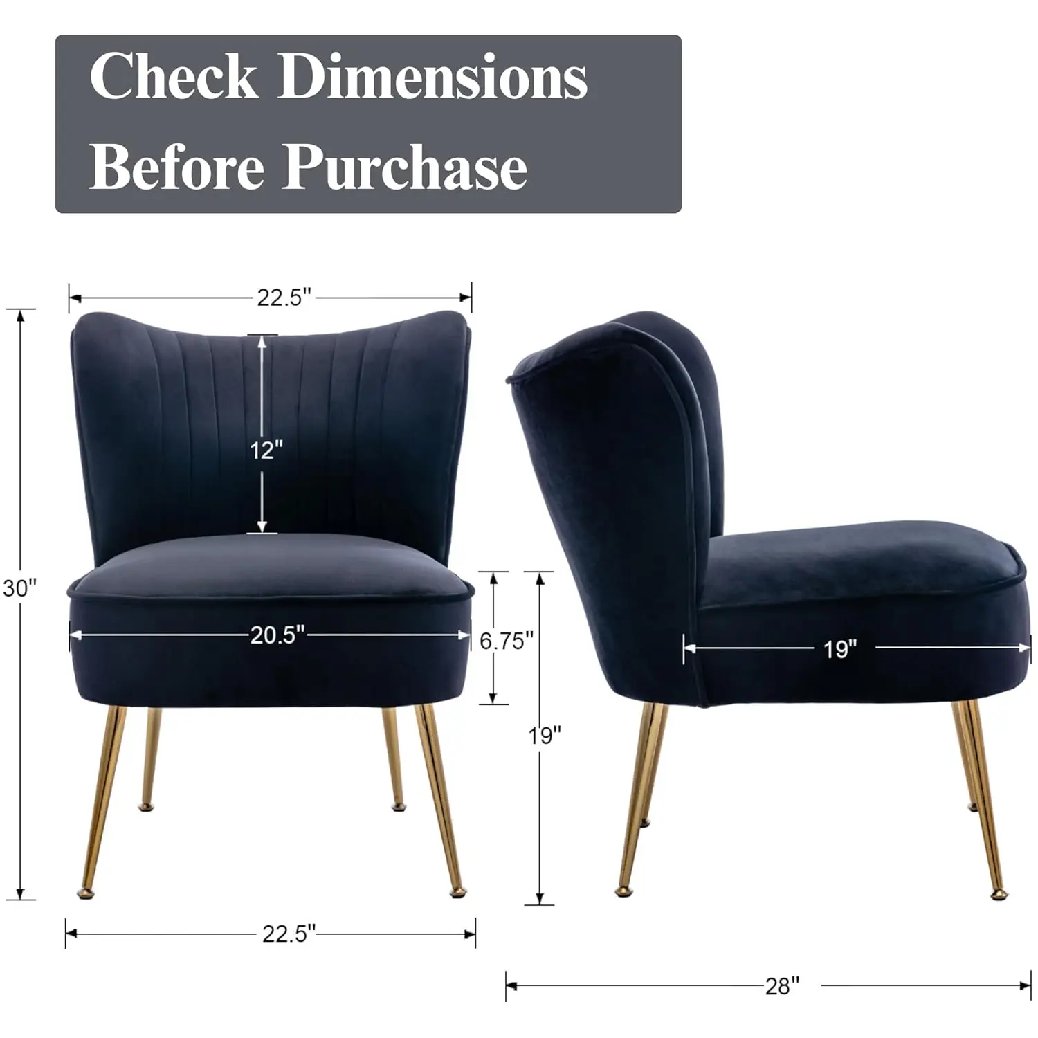 Black Velvet Accent Chair Set of 2 Armless Wingback with Gold Legs for Living Room Bedroom, Customized - Image 2