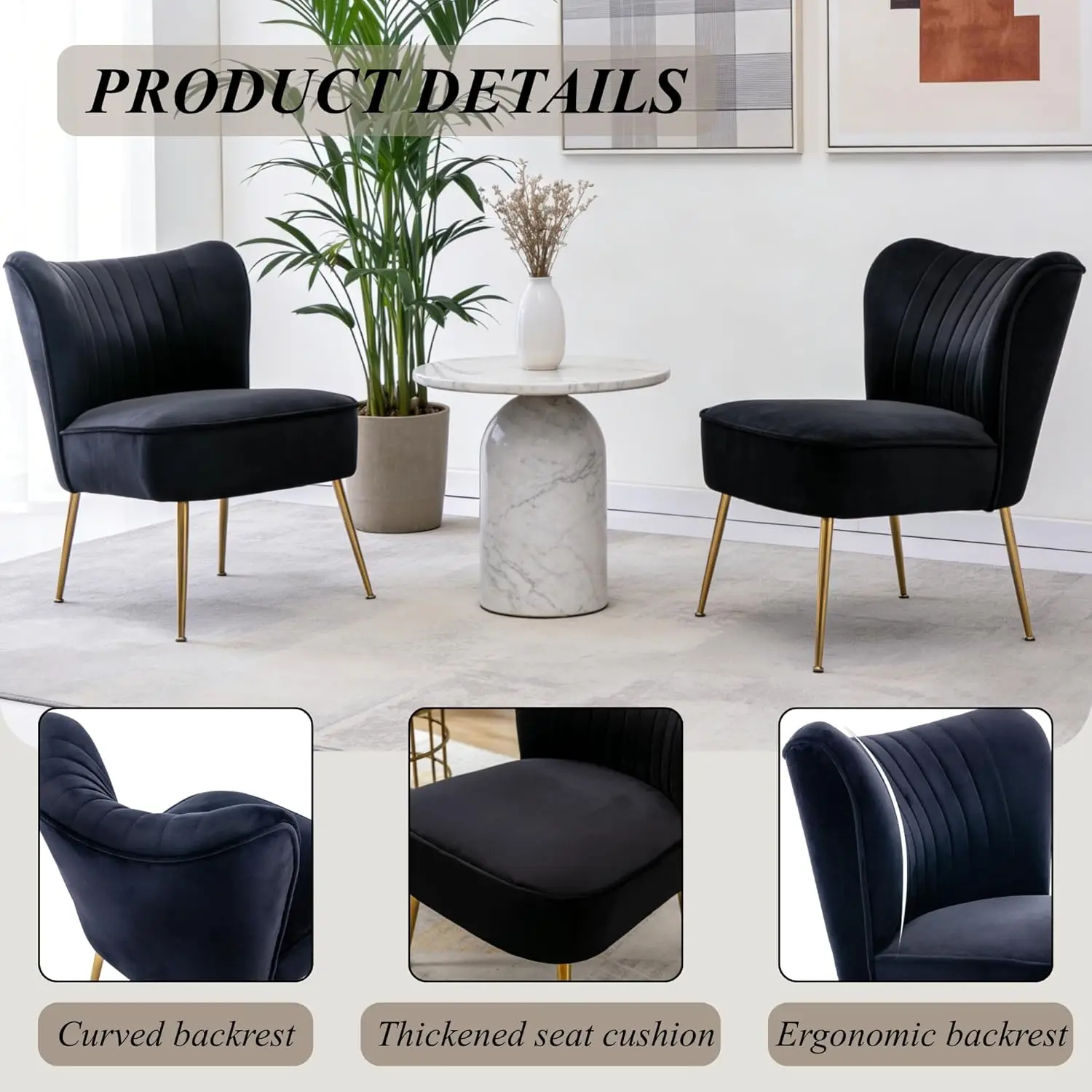 Black Velvet Accent Chair Set of 2 Armless Wingback with Gold Legs for Living Room Bedroom, Customized - Image 5