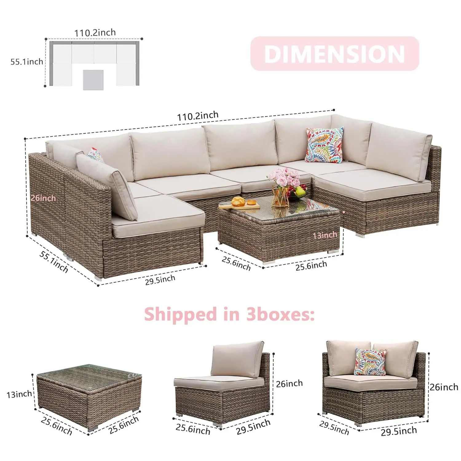7 Pieces Patio Furniture Set - All-Weather Outdoor Wicker Sectional Conversation Sofa, Rattan Patio Seating Sofa, Customized - Image 3