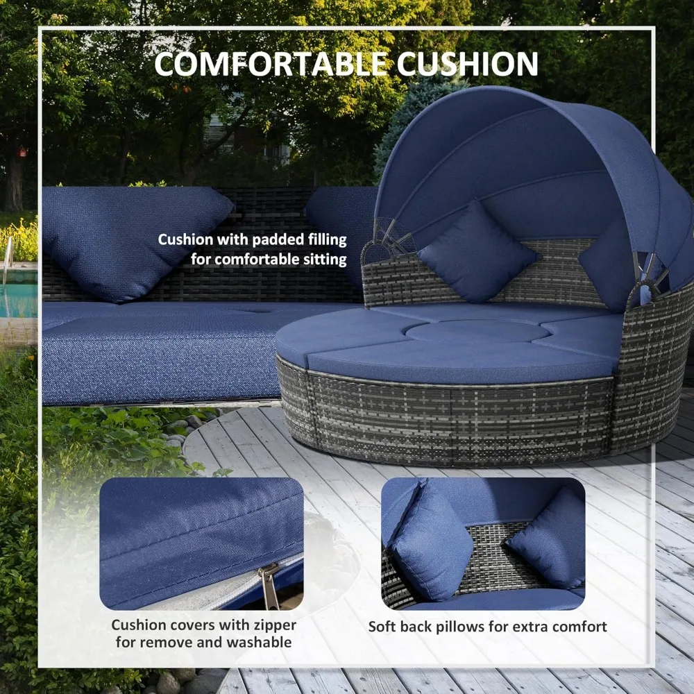 4-Piece Round Convertible Outdoor PE Rattan Patio Daybed Sofa Set with Adjustable Canopy, 2 Chairs, Table, 3 Pillows, Custom - Image 4
