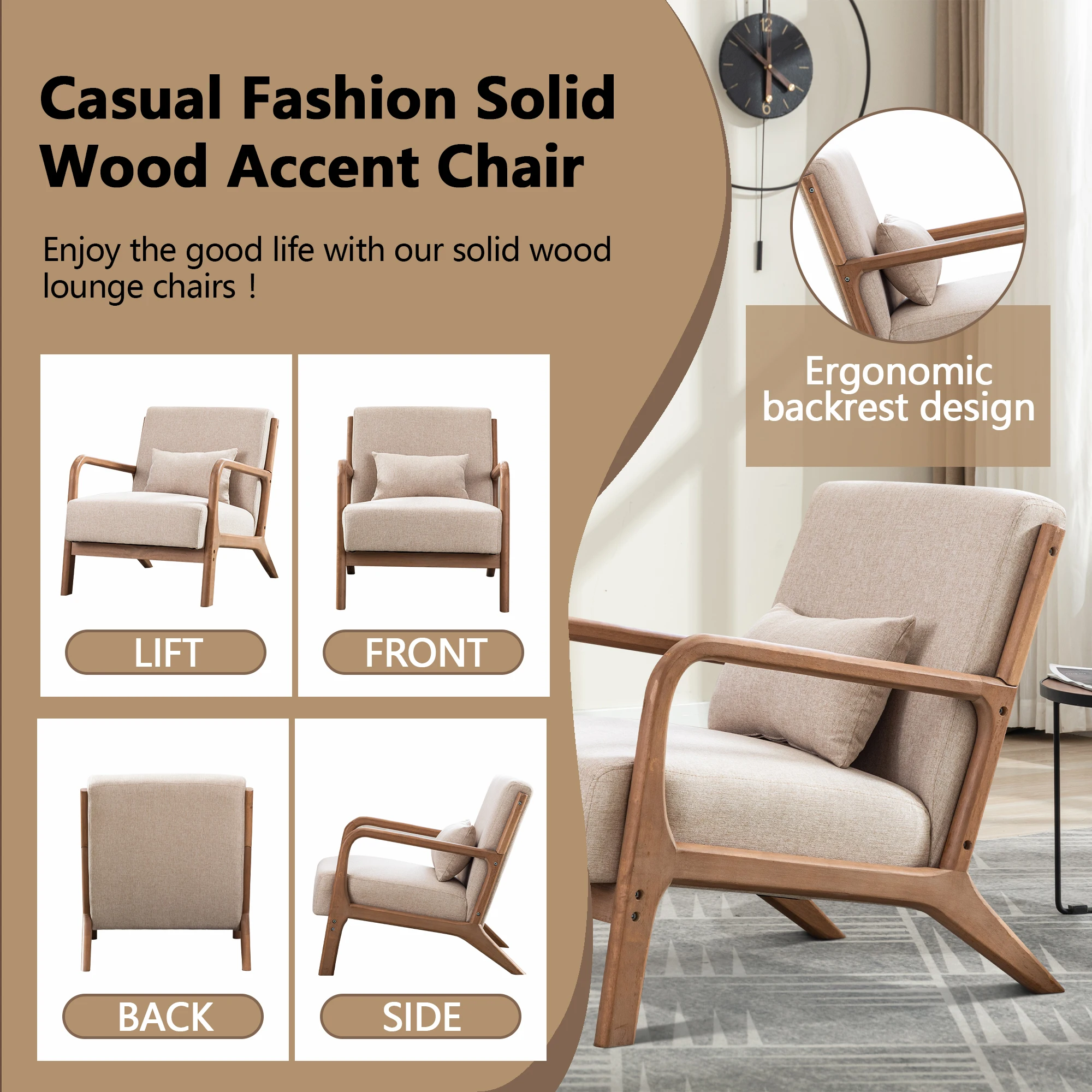 29*33*26 Inch Solid Color Solid Wood Living Room Chair 105° Backrest Non-Slip Casual Bedroom Chair With Pillow - Image 6