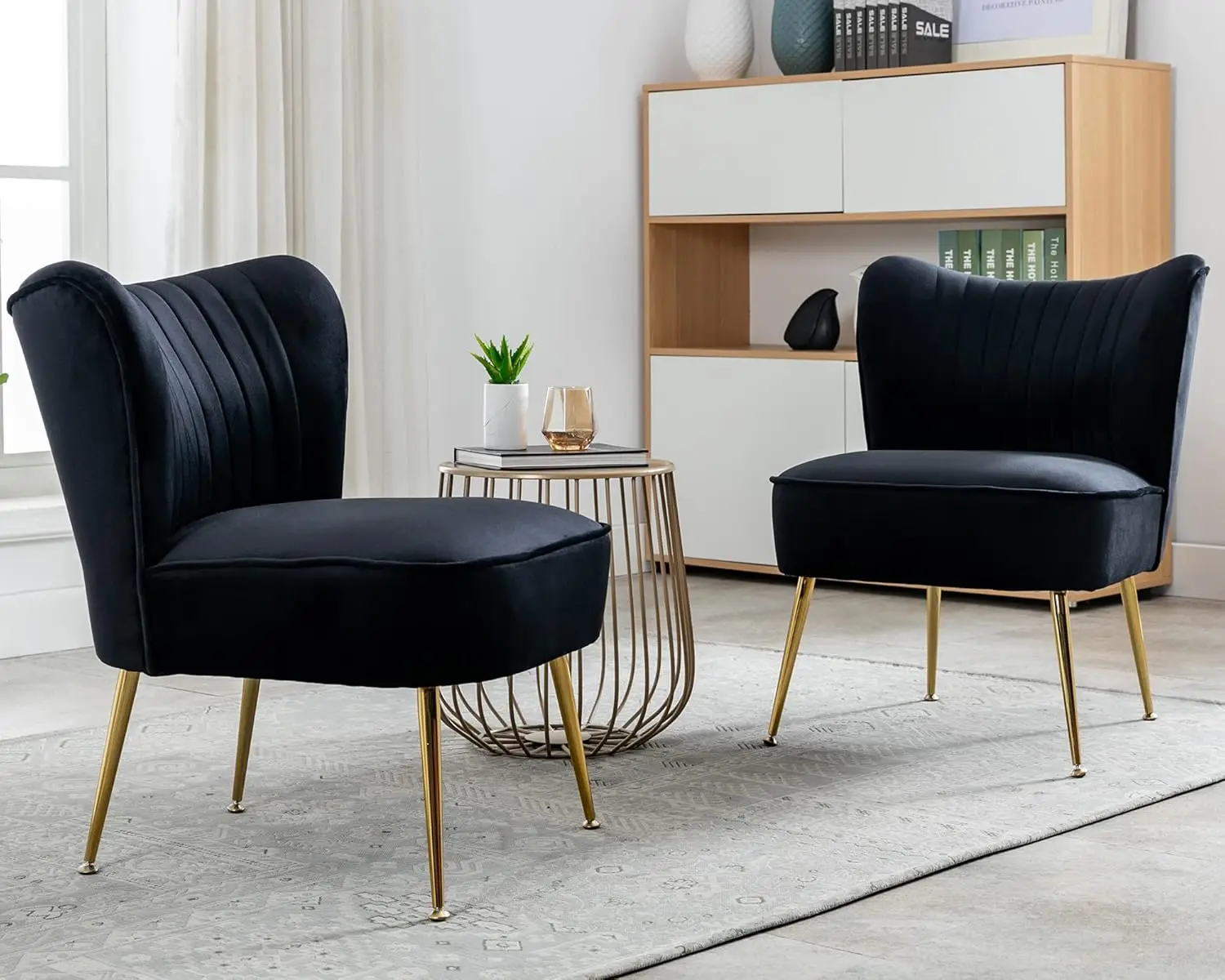 Black Velvet Accent Chair Set of 2 Armless Wingback with Gold Legs for Living Room Bedroom, Customized