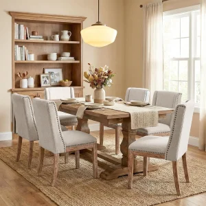 Set of 6 Dining Chairs, Fabric Upholstered with Wood Legs, Comfortable Seating for Kitchen, Dining Room, Restaurant, Camel