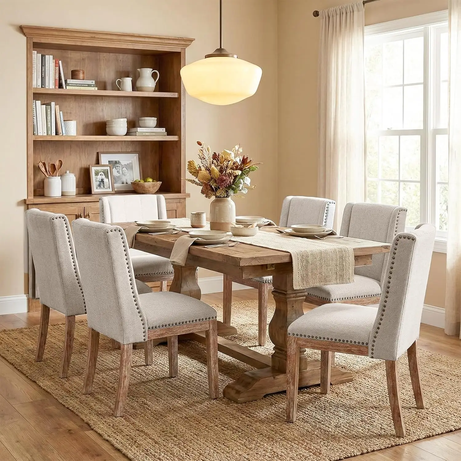 Set of 6 Dining Chairs, Fabric Upholstered with Wood Legs, Comfortable Seating for Kitchen, Dining Room, Restaurant, Camel