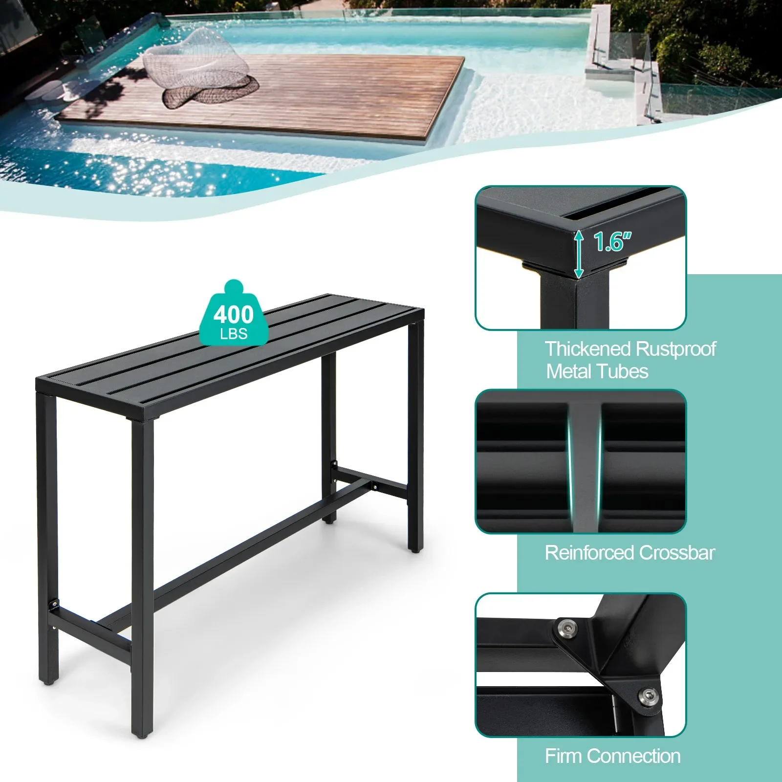 3PCS Outdoor Metal Bar Table & Chairs Set Patio Dining Table Set w/ Cushion - Image 5