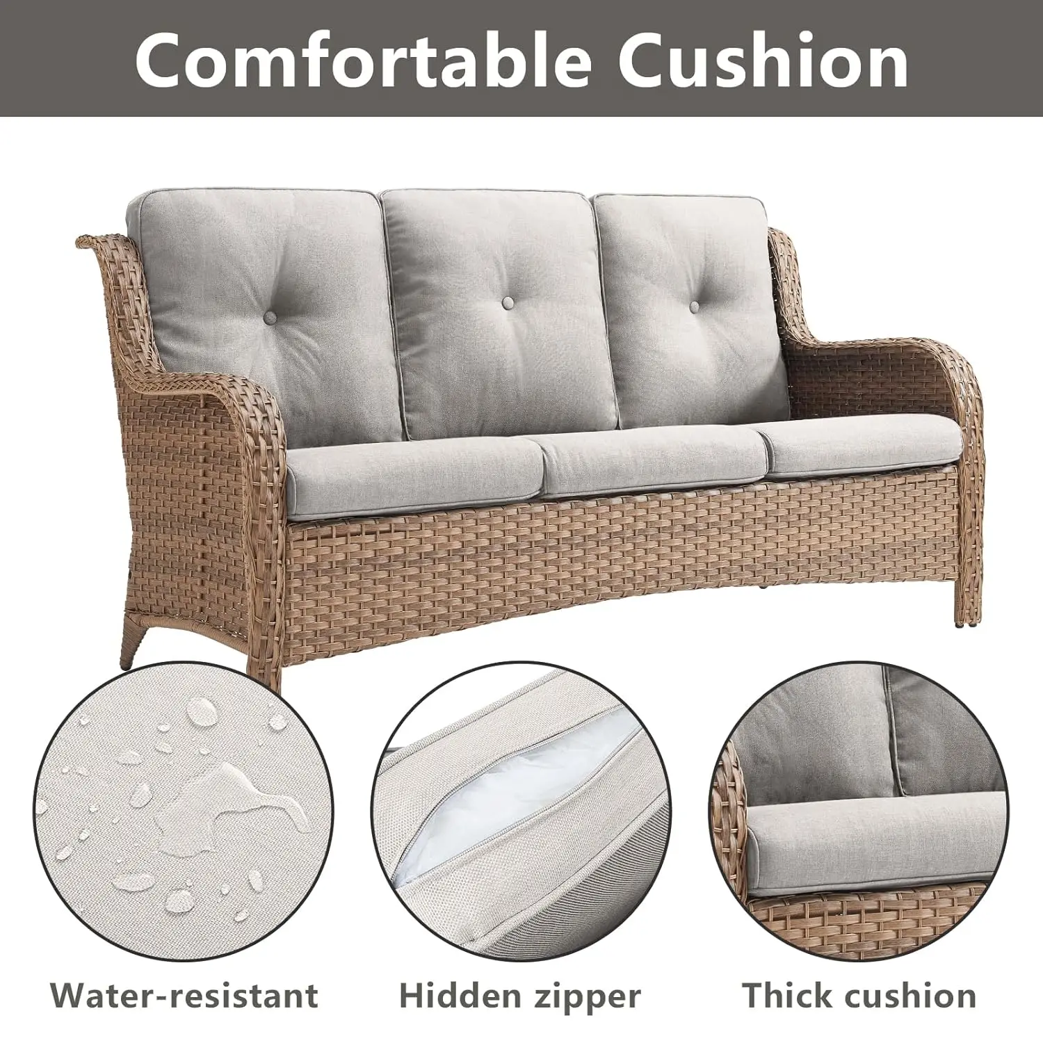 Outdoor Couch Wicker Patio Sofa - 3 Seat Rattan Sofa with Deep Seating and Comfortable Cushions for Porch Deck Balcony, Custom - Image 4
